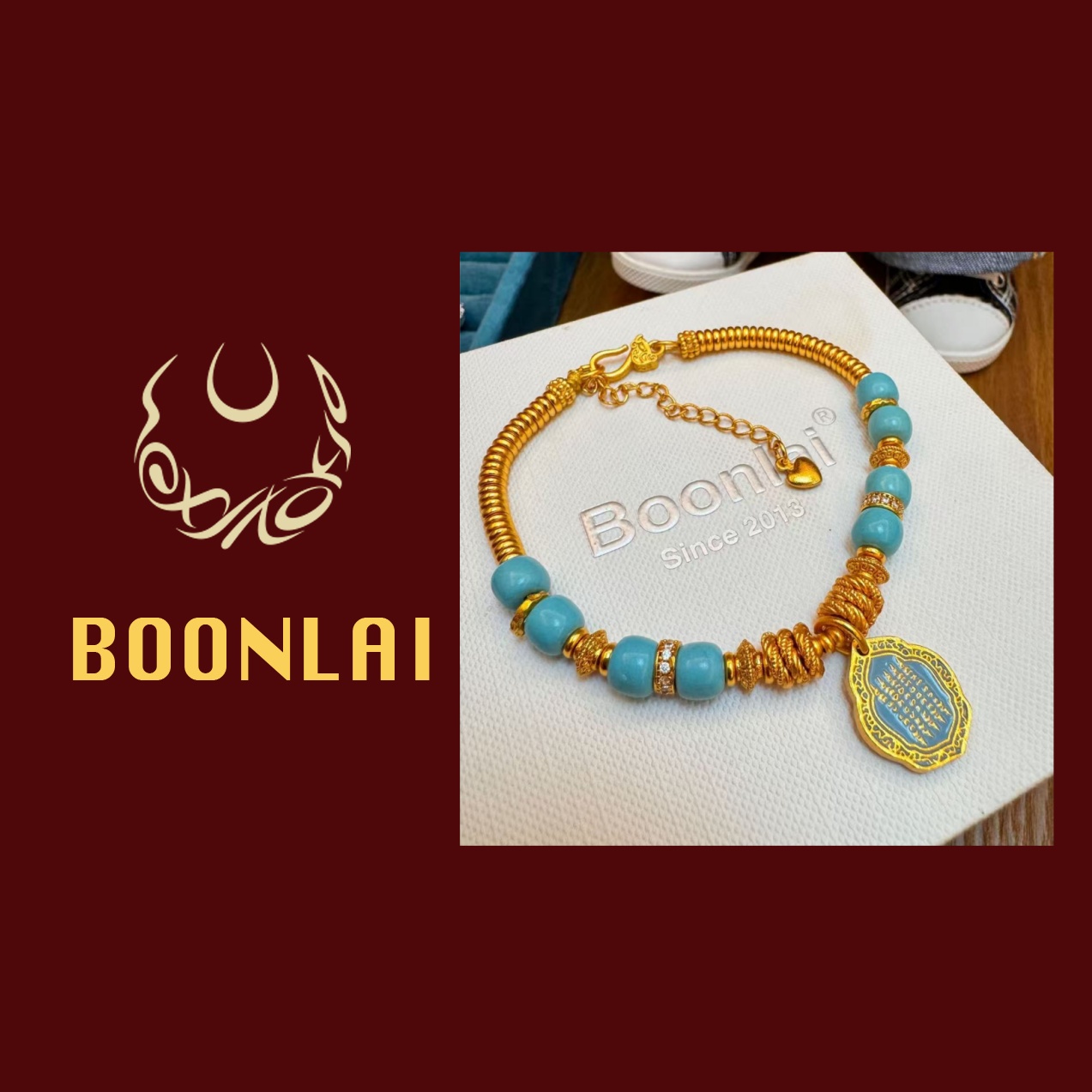 铜合金手链 Boonlai 金色盘缠泰蓝编织烧蓝珠珠手串4141