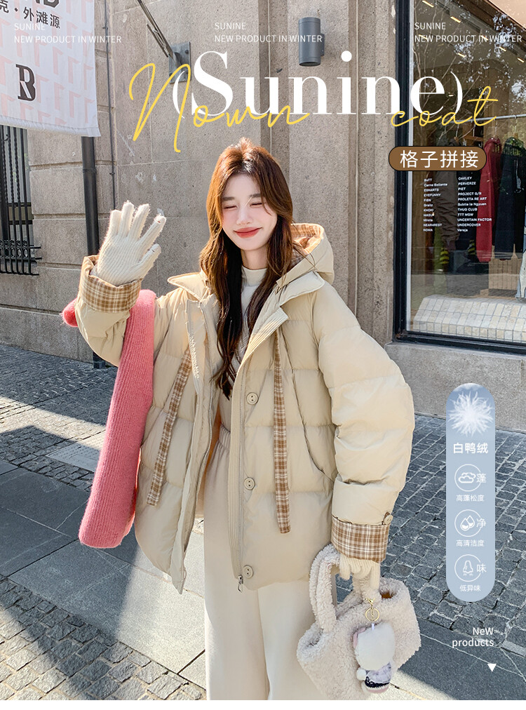 （非图片款）女保暖棉服飘带格纹中长款面包服时尚连帽冬装中长款