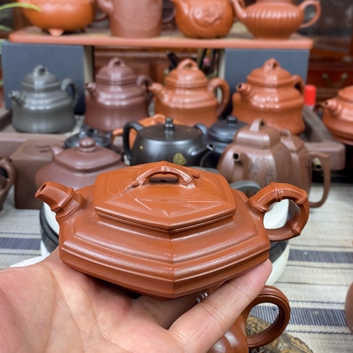 紫砂茶壶六方扁竹150CC原矿赵庄朱泥