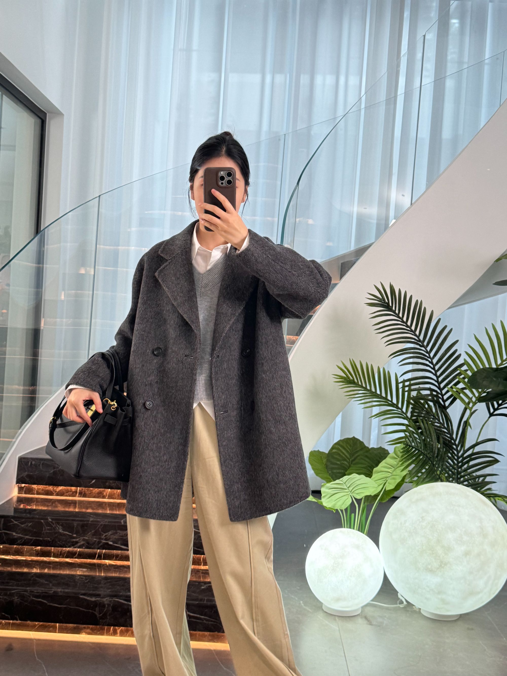 小柒2025新款人字纹双面羊毛大衣女韩版宽松西装领外套中长款秋冬