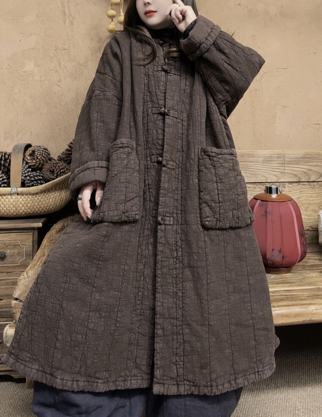 美子原创长款厚款做旧宽松型棉衣棉服立领盘扣（衣长105胸围150）