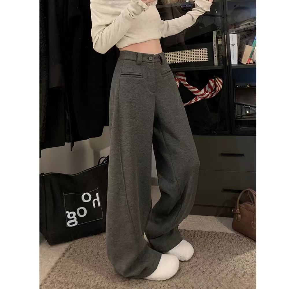 格调美美108-1冬季新款加绒加厚纯色毛呢垂感休闲裤加厚宽松显瘦