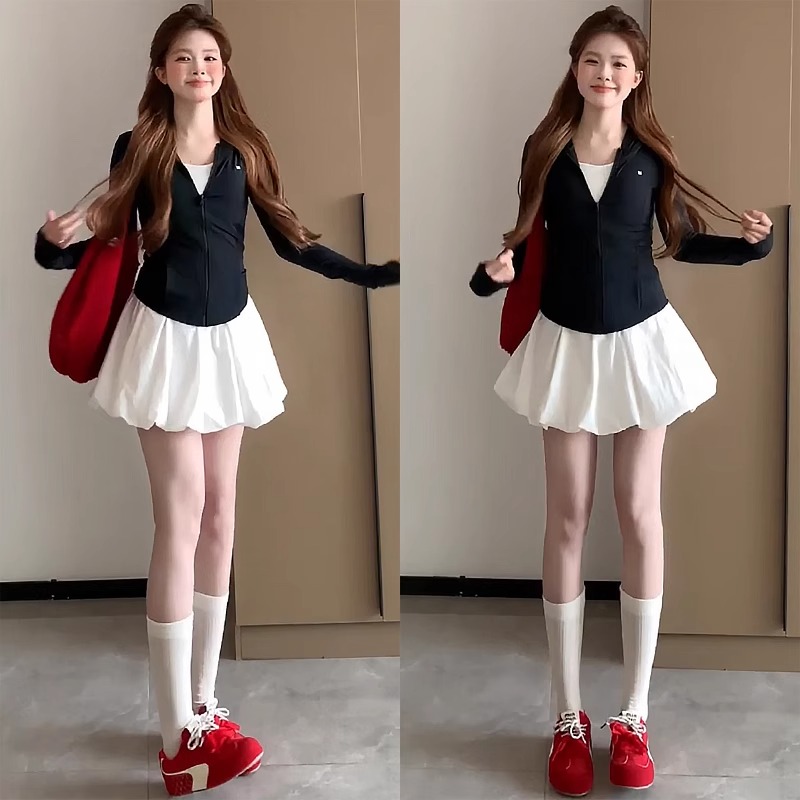 白色花苞短裙女夏季薄款2025新款高腰宽松灯笼休闲蓬蓬半身裙