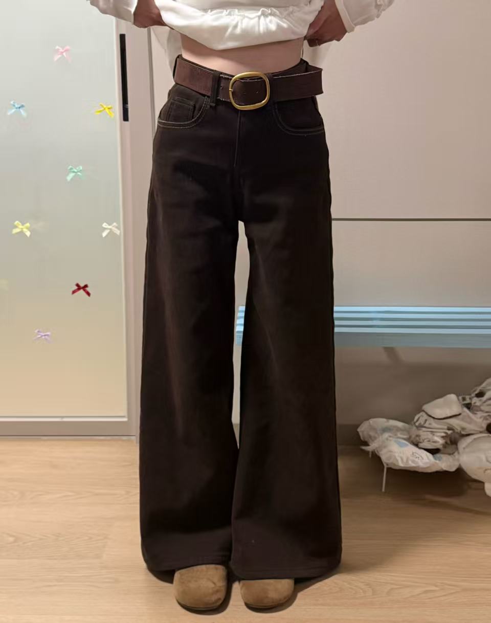 佐初美拉德咖色加绒微喇牛仔裤25冬季新款复古口袋刺绣A字牛仔裤