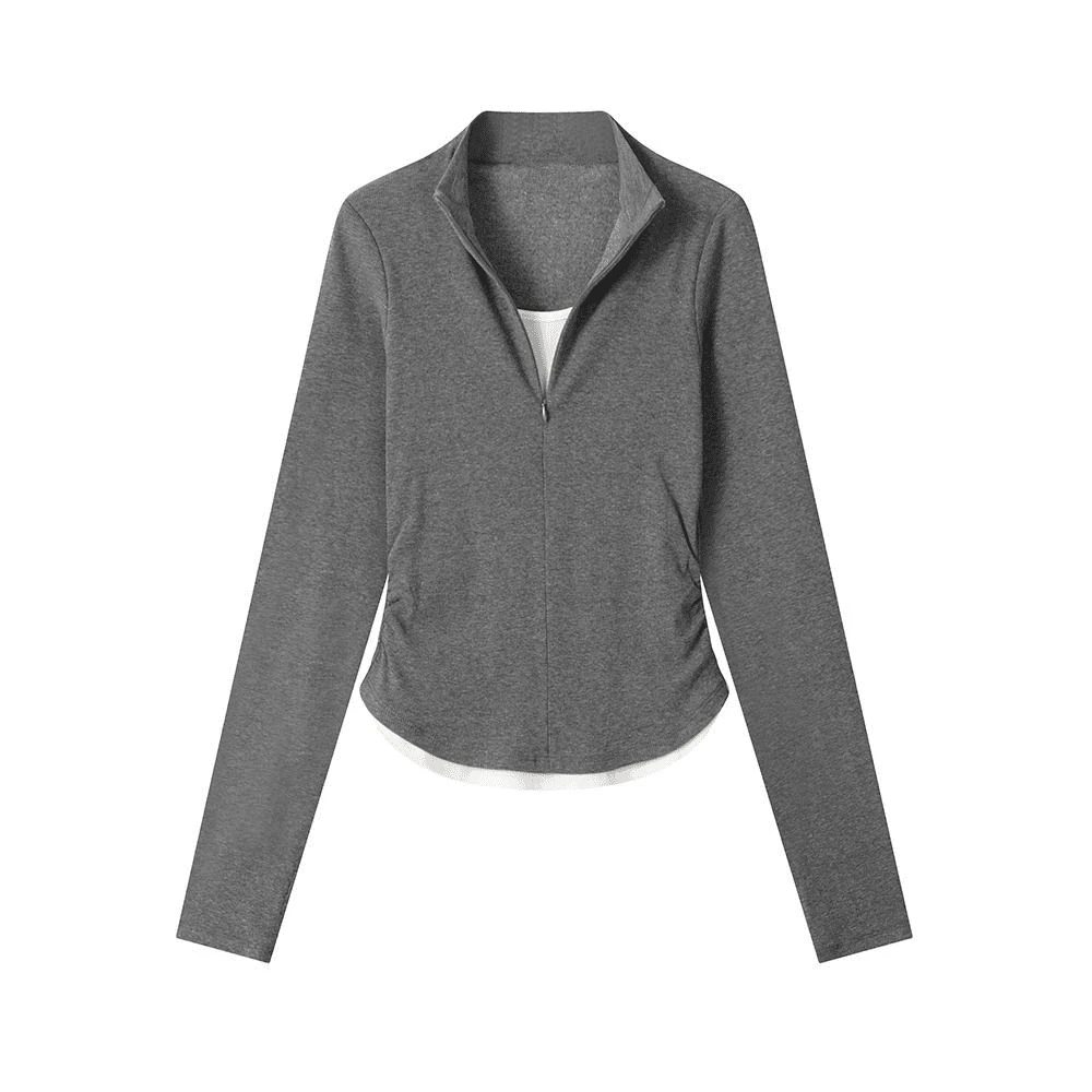 灰色假两件v领长袖t恤女秋2025新款修身内搭不规则打底衫短款上衣