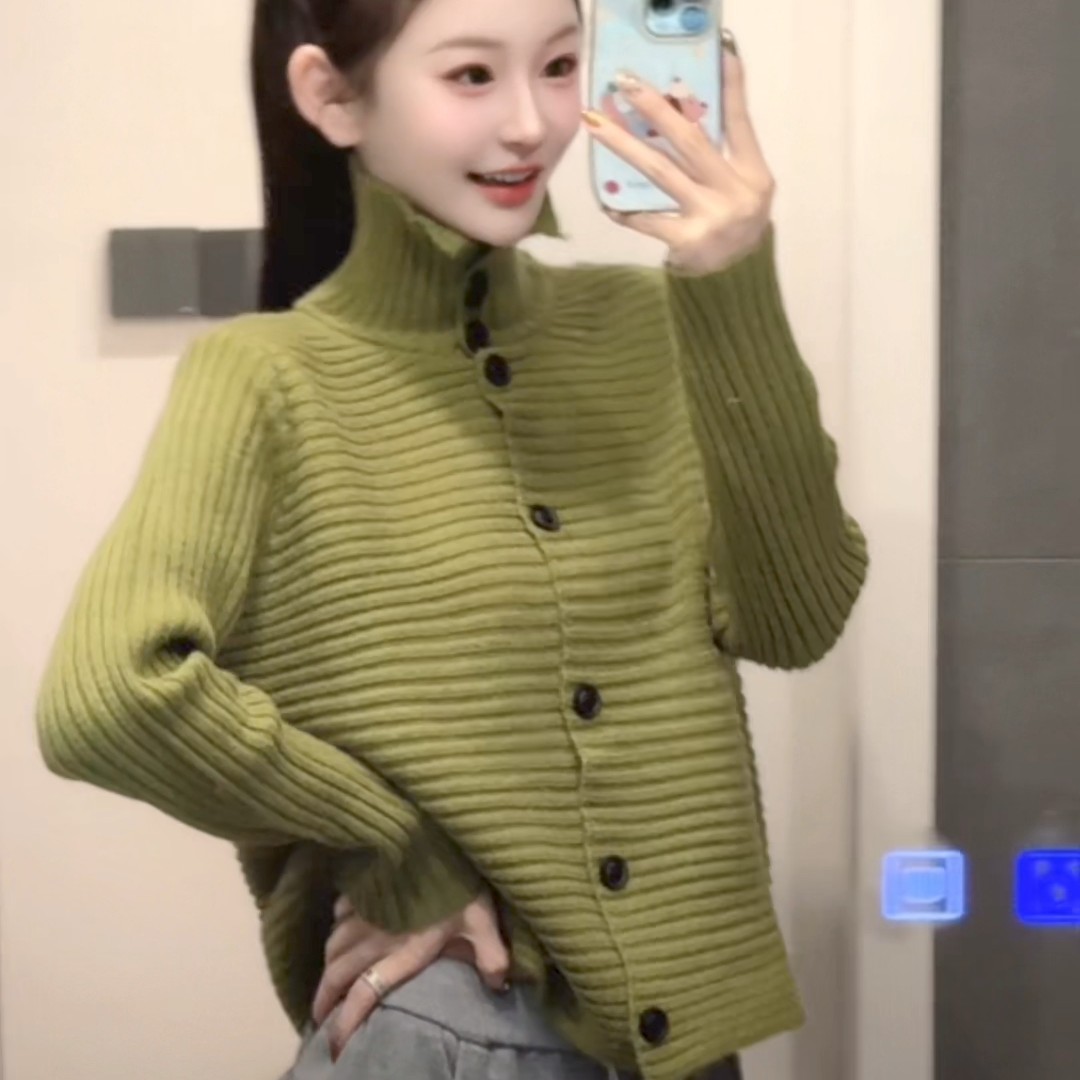 《肆怡》2025蓉蓉家冬季新款韩版高领条纹单排扣绵羊毛兔毛针织开衫