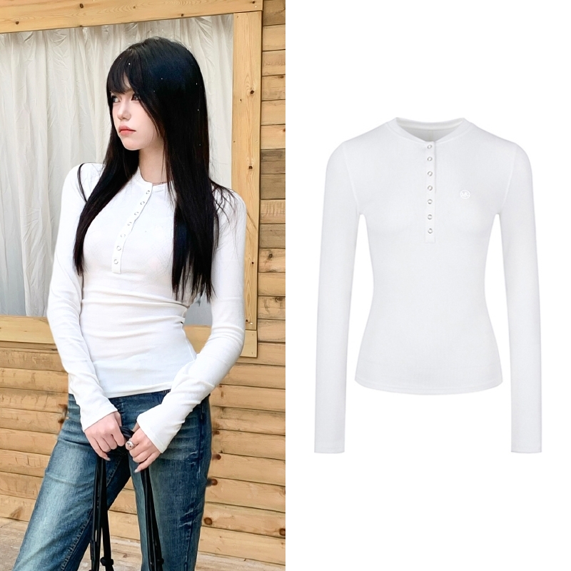 美式亨利领白色修身长袖针织衫女春季紧身上衣内搭打底衫Z5326