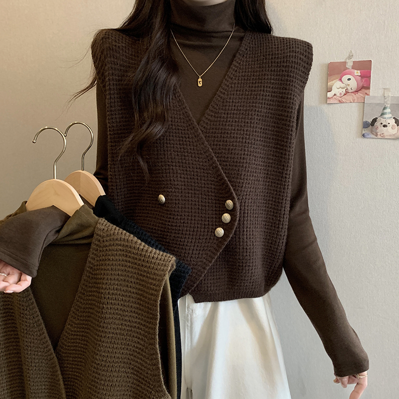 实拍2025秋装新款胖mm大码女华夫格背心高领打底衫两件套装