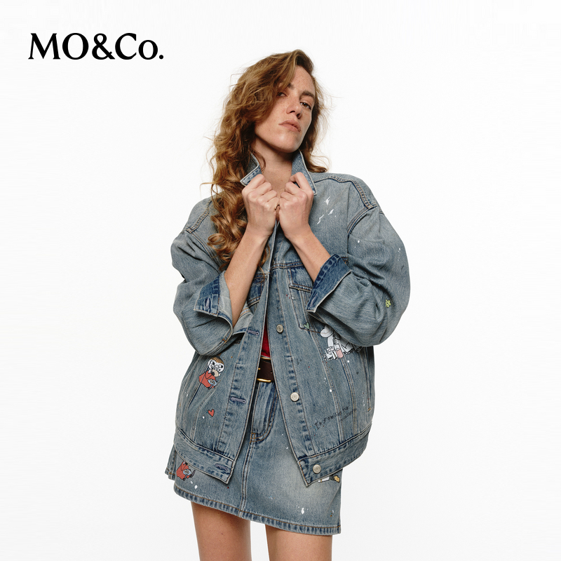 【姆明联名】MOCO牛仔夹克2026夏新品白墨印花做旧棉MBF2JKT002