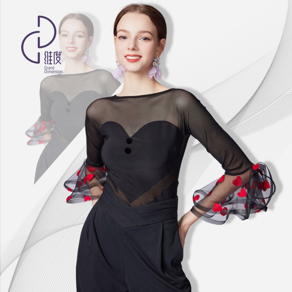 【维度舞服】Y409新款女士上衣摩登拉丁舞华尔兹女式长袖拼接黑白