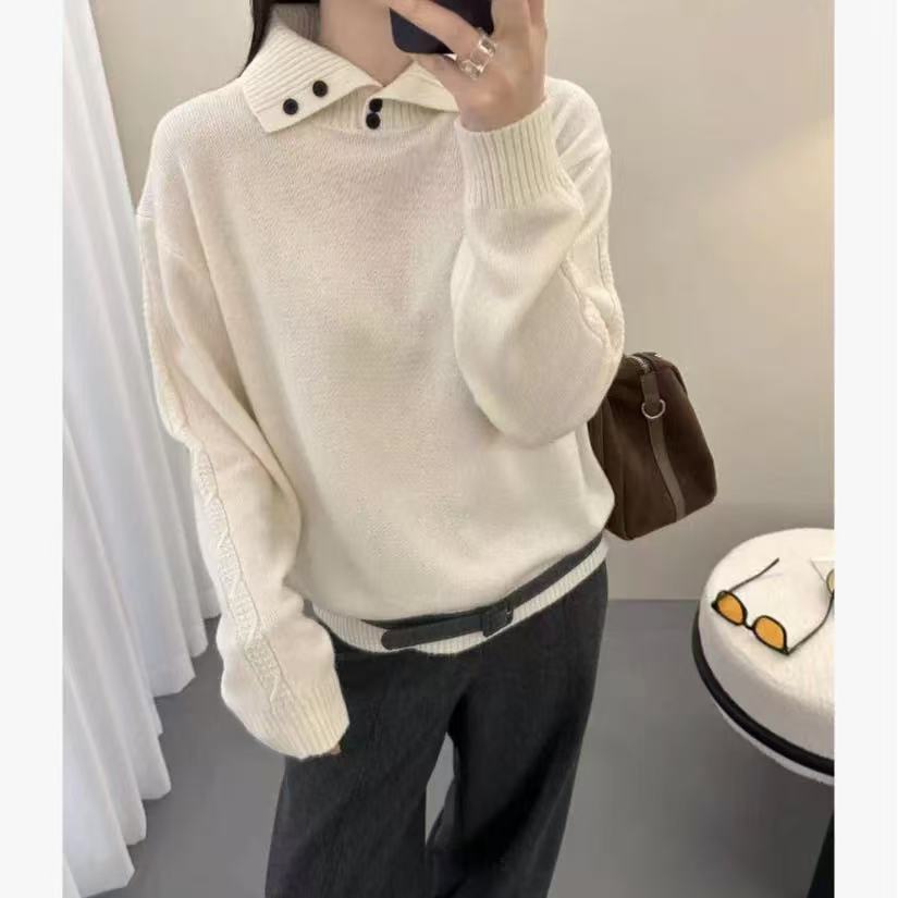 丽姐家~高领翻领白气质长袖针织时尚百搭纯色秋冬上衣892