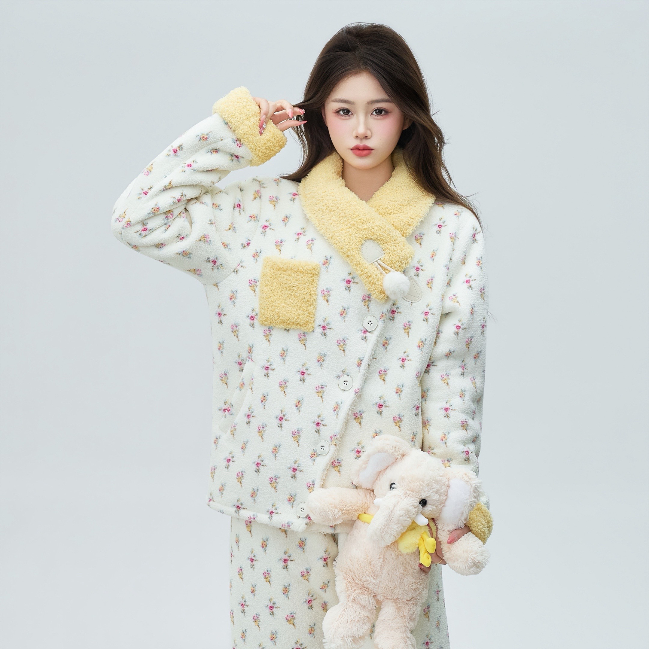 （小黄花）冬季加厚加绒甜美休闲睡衣女碎花气质保暖家居服外穿清新