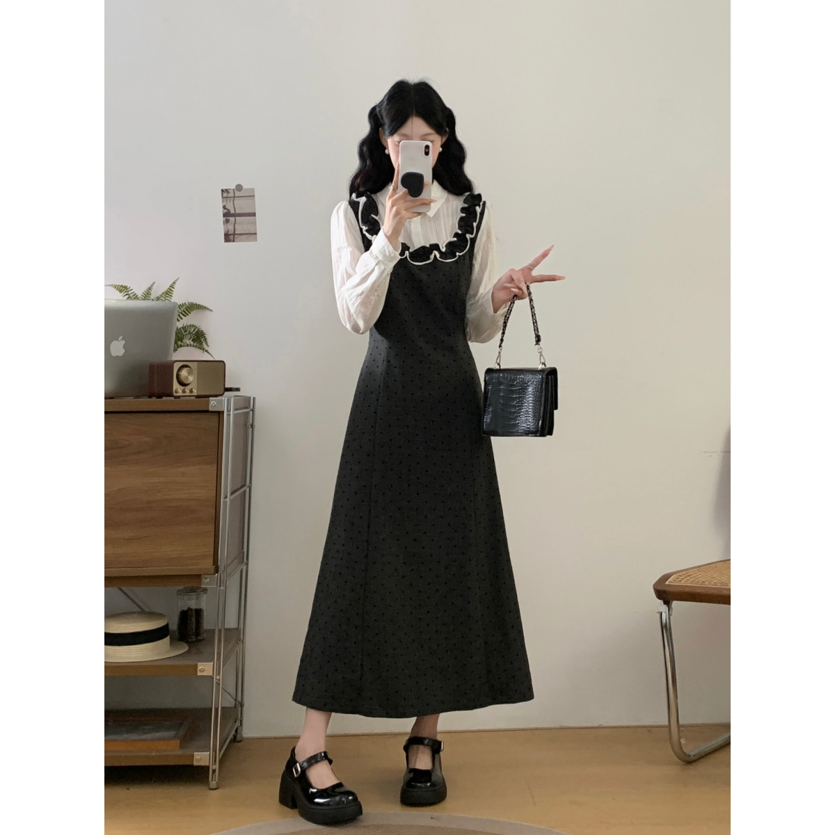 25早秋穿搭大码女装衬衫拼接假两件植绒荷叶边气质胖mm显瘦连衣裙