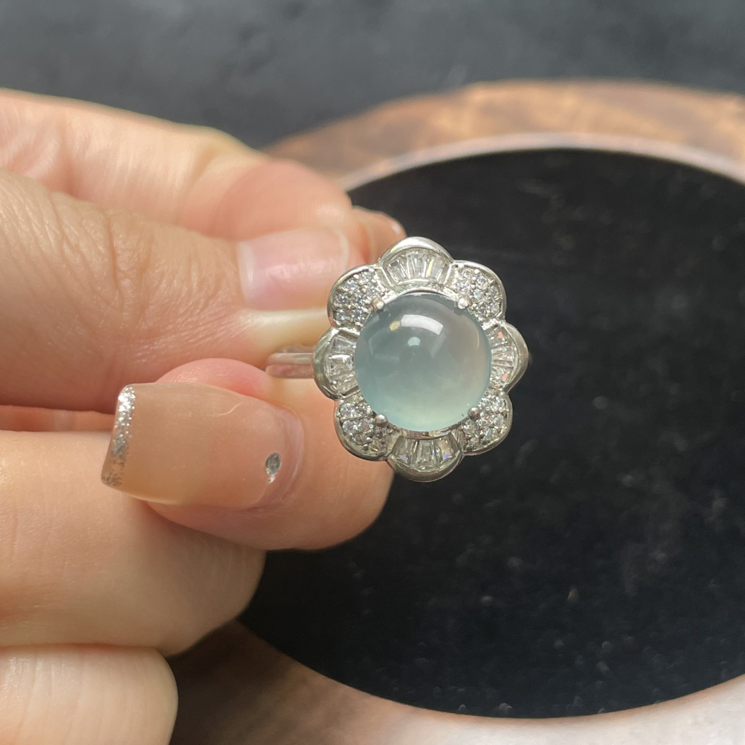 天然A货缅甸翡翠戒指蓝底 卡9.3mm