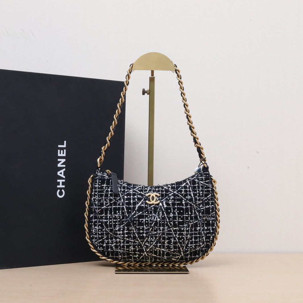 99新 Chanel/香奈儿 【双双】23B 嬉皮包单肩斜挎包 毛呢 芯片