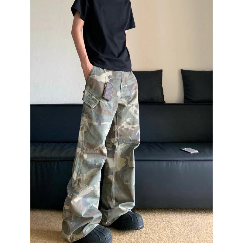 美式迷彩工装裤男小众设计感切割线微喇裤vibe炸街裤子潮牌休闲裤