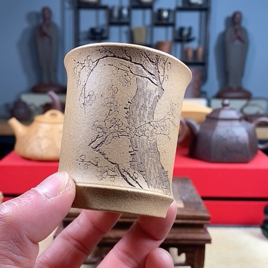 紫砂茶杯梅竹双青杯微瑕