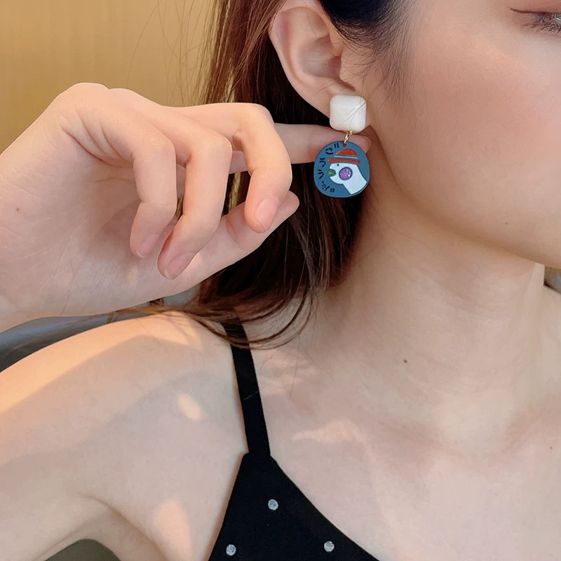 铜合金耳饰 1108 「加油鸭」日系手作不对称加油鸭卡通耳钉可爱耳钉