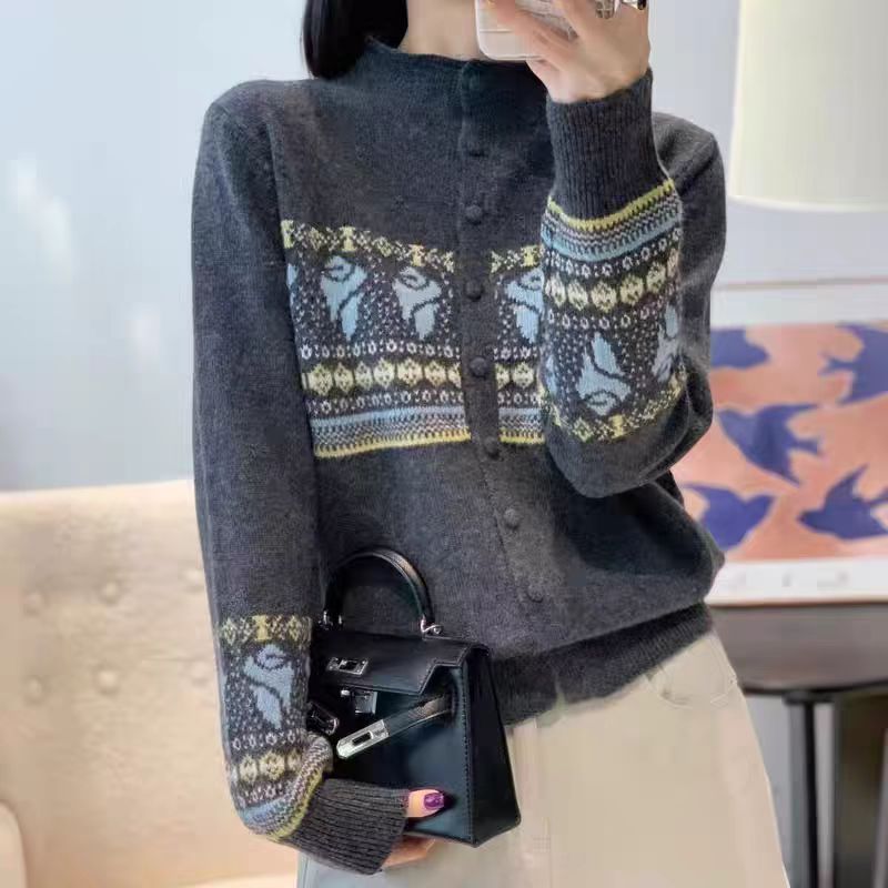 【立领包扣】复古费尔岛提花半高领纽扣针织衫新款长袖宽松百搭毛衣