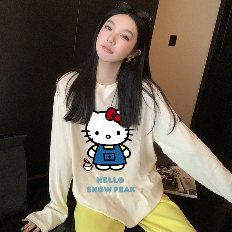 港风ins长袖卡通kt印花潮牌百搭t恤上衣洋气女装男女款圆领打底衫