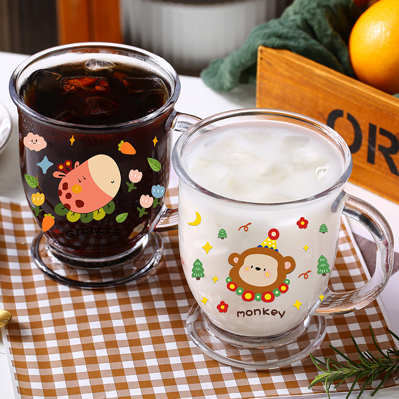 2只装420ml大容量卡通杯加厚玻璃把手杯牛奶对杯咖啡杯啤酒杯