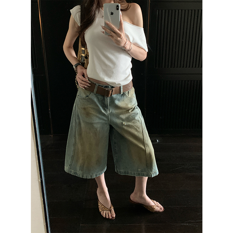 SKK7.9号20点 街拍企划 立体廓形复古水洗做旧七分解构弯刀牛仔裤