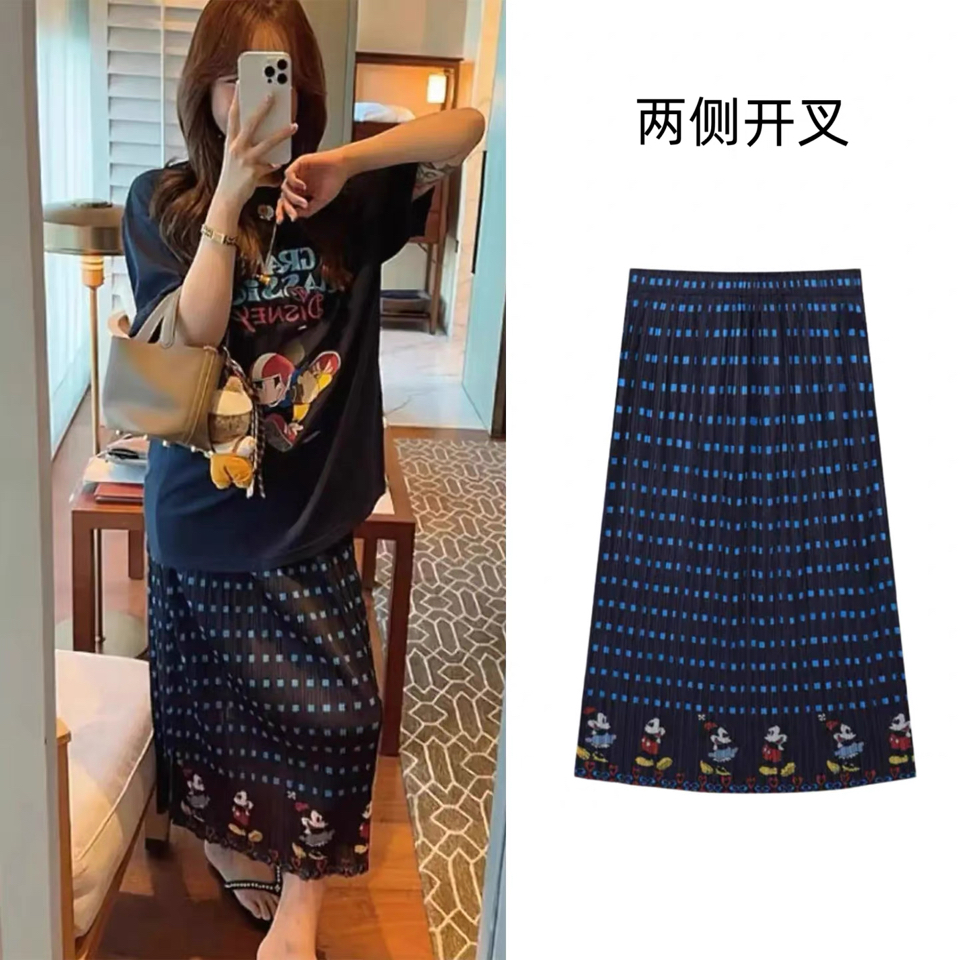 藏青色米奇印花～韩版褶皱高腰显瘦夏季中长半身裙百搭新款