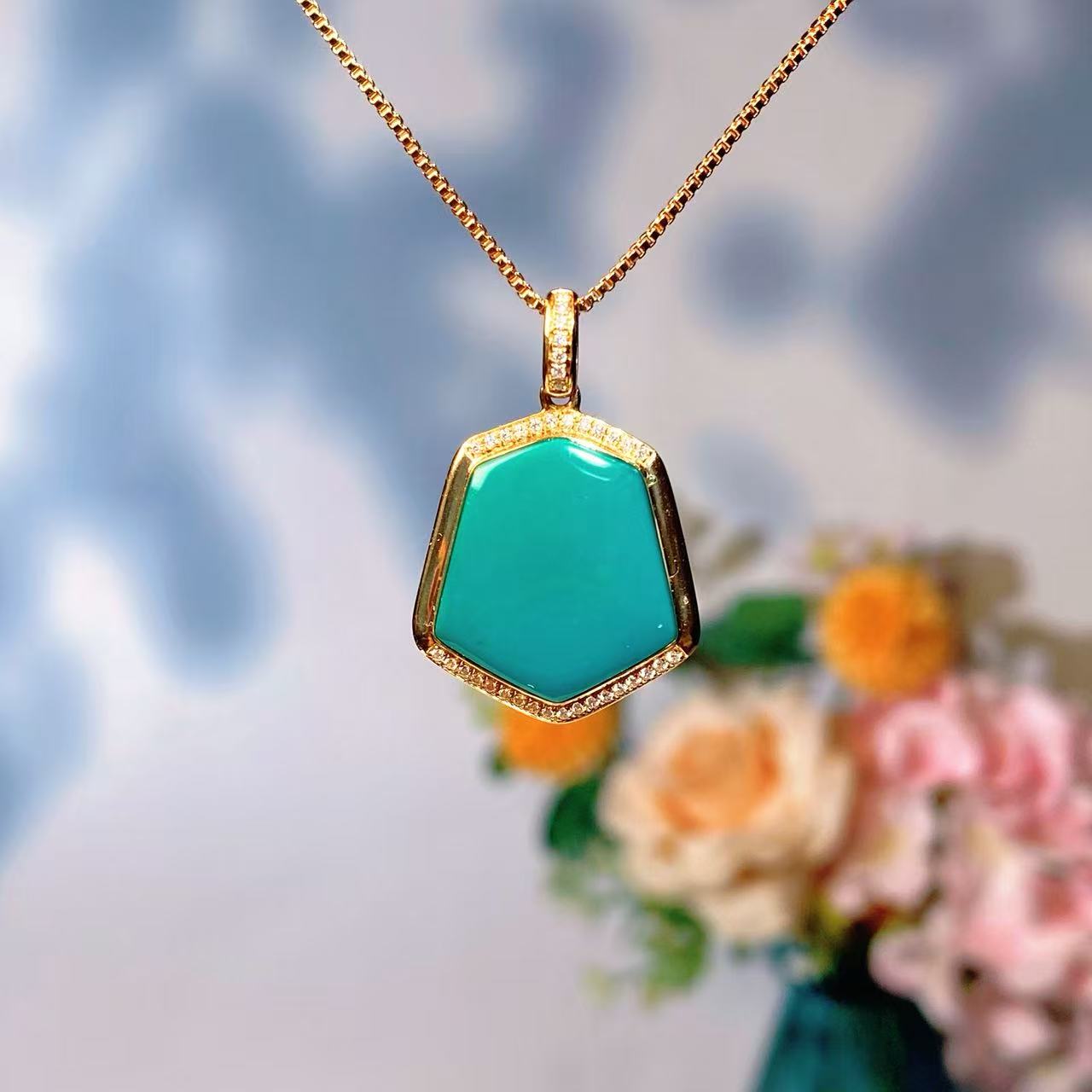 天然原矿绿松石几何形高瓷吊坠项链气质轻奢时尚百搭复古简约经典