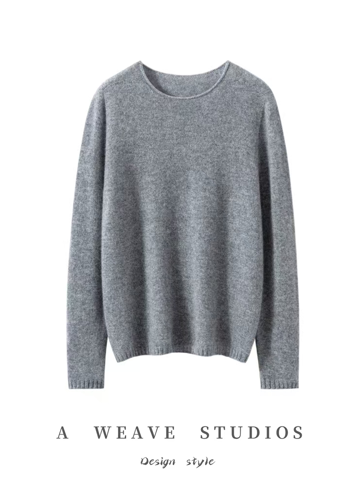 【100%纯山羊绒】圆领女羊绒衫亲肤朦胧山羊绒针织纯色宽松灰色加厚