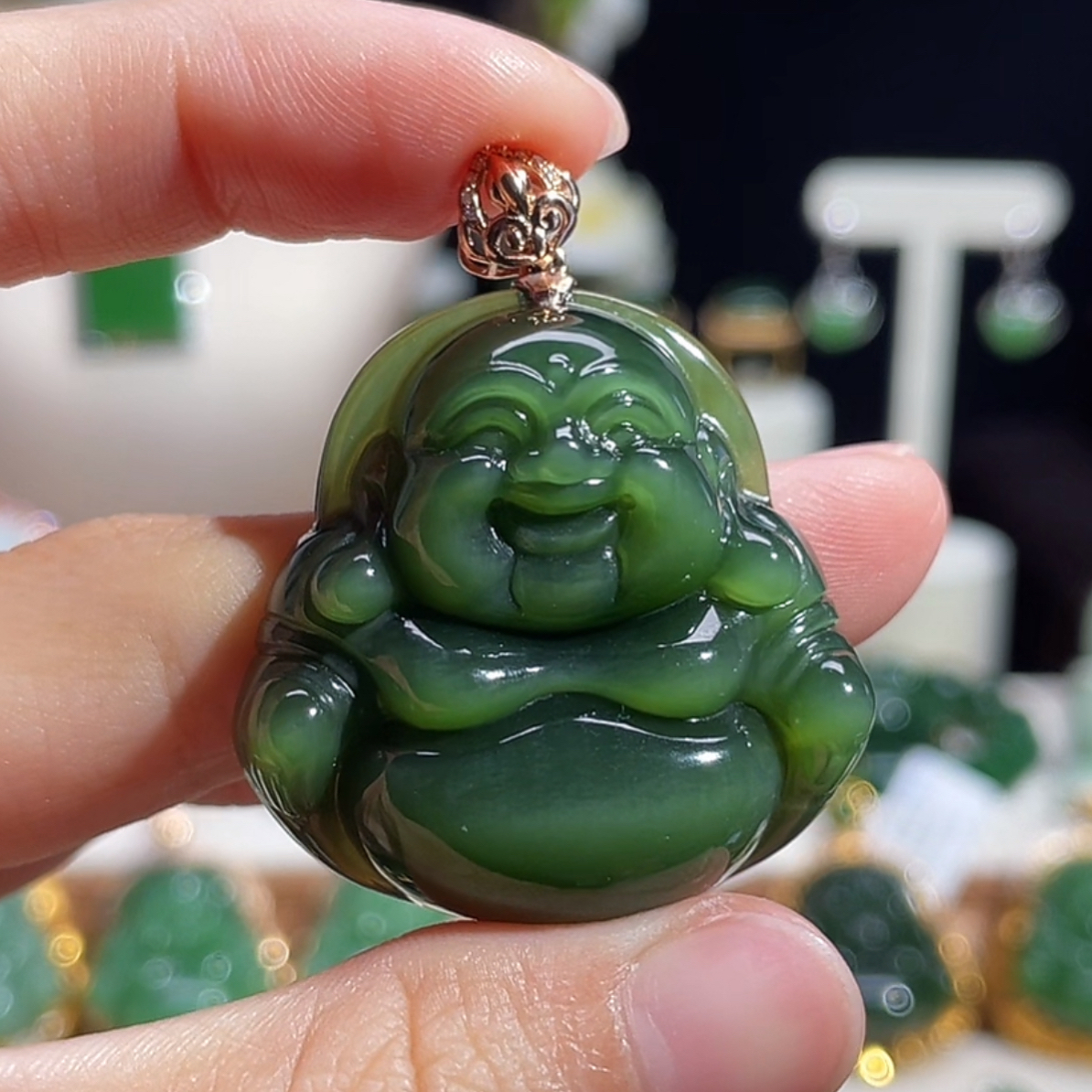 和田玉猫眼佛公吊坠18k金镶嵌（035系列）