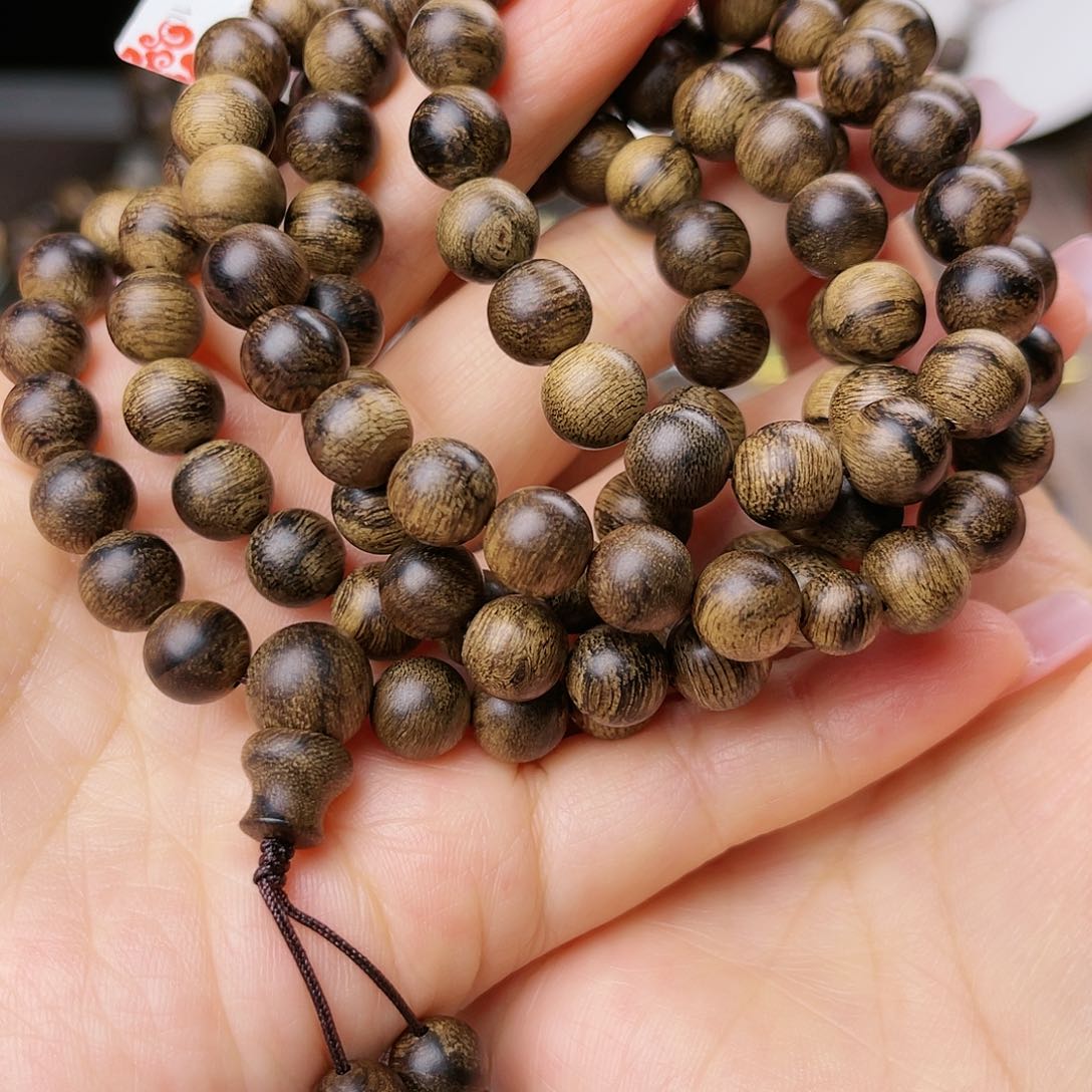 沉香手串李*越南芽庄老白棋玉化老料满留疤虎斑纹