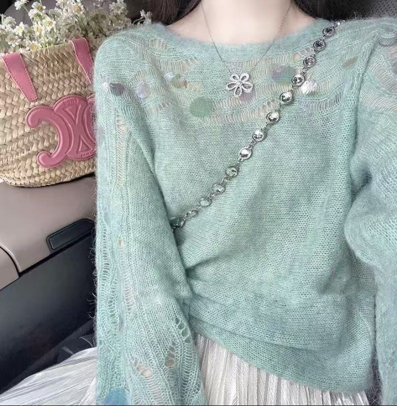 2025年新款风百搭镂空绿色毛针织衫上衣圆领秋季针织