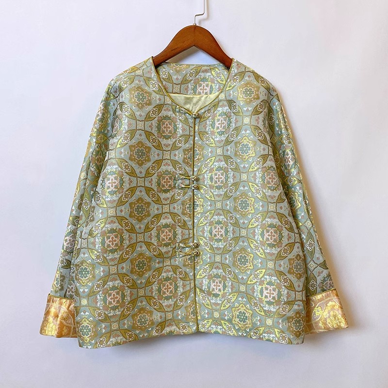 陆美瑛绿钱大饼宝相花老宋锦外套2024春秋款气质时尚上衣