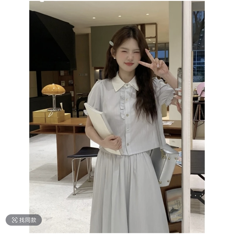 瞌睡兔清仓【私服驾到】条纹衬衫上衣交叉绑带半身裙新中式女装