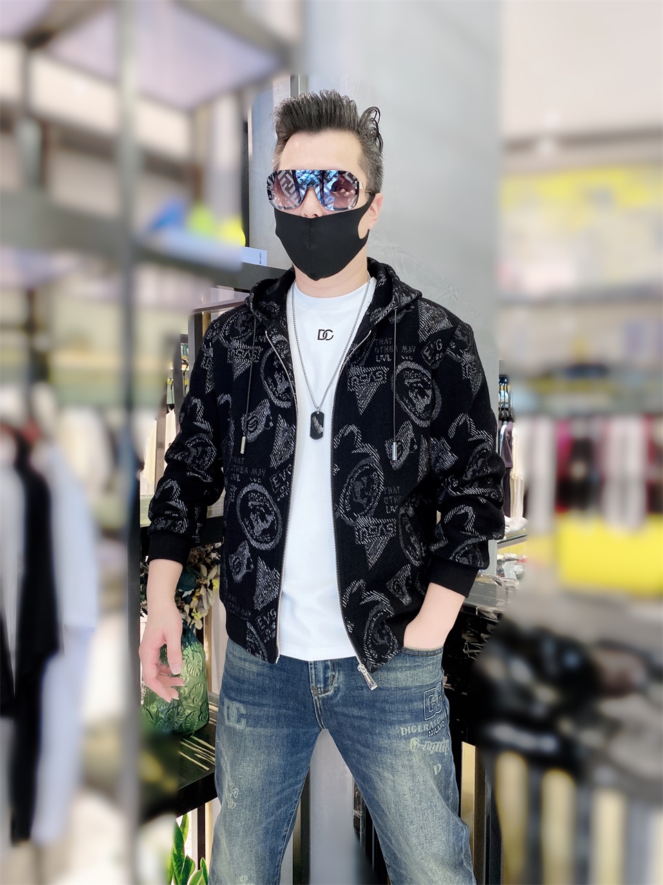 春秋黑色休闲外套拼接男士时尚百搭修身防风立领夹克秋季印花潮流