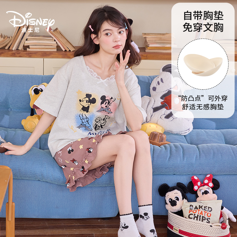 Disney/迪士尼夏季套头短袖短裤纯棉带胸垫卡通外穿家居服0331