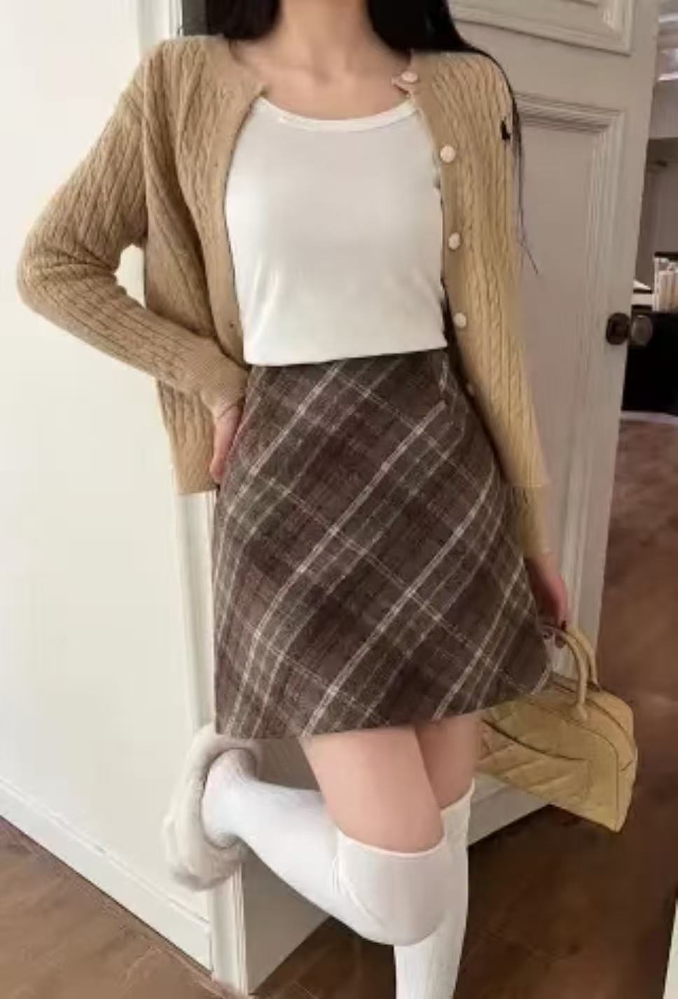 1(直播专用）格子百搭高腰打底复古O型秋季女秋冬复古a字半身裙