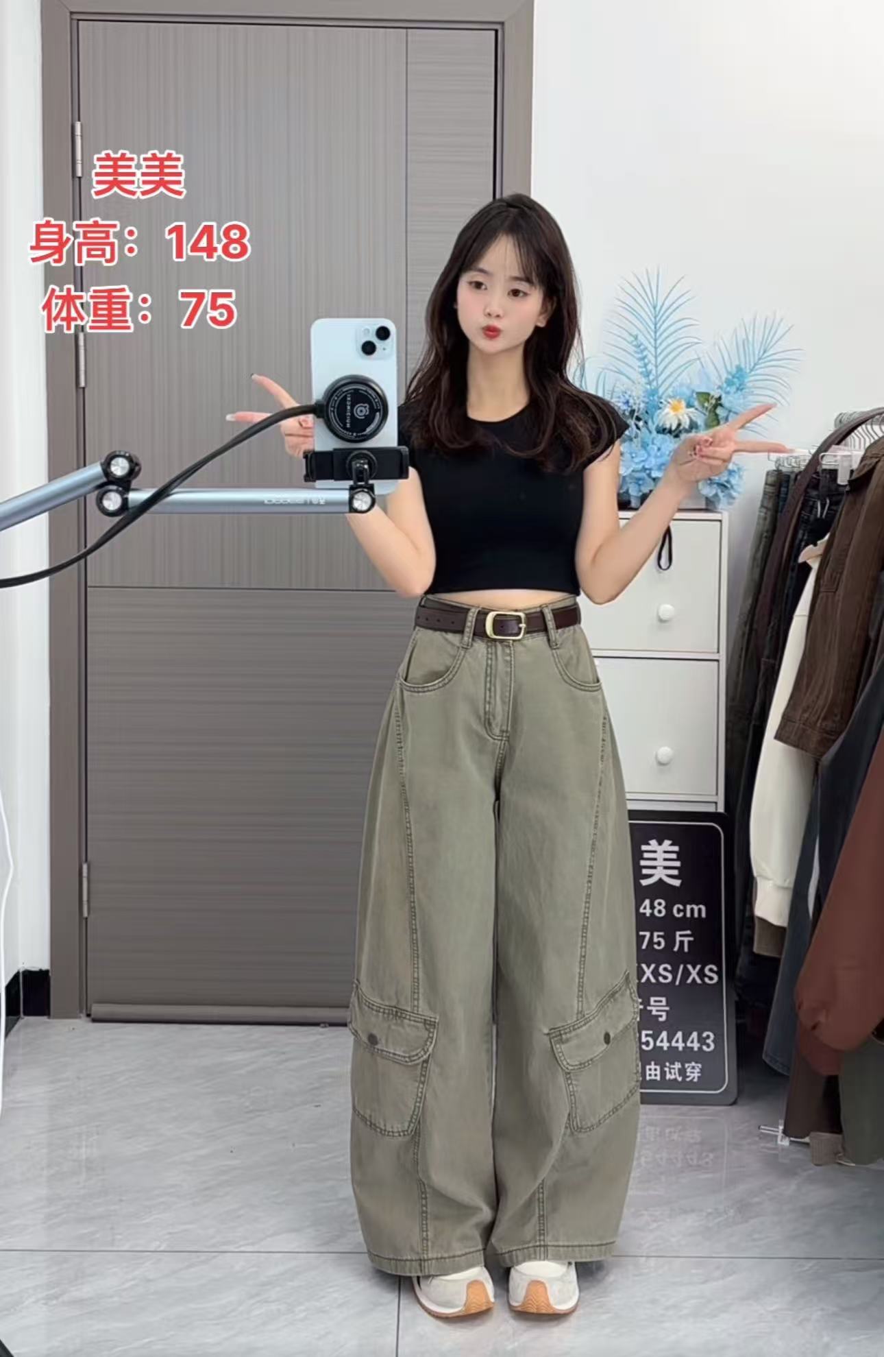 美式复古阔腿弯刀牛仔裤女秋季设计感高腰宽松显瘦直筒休闲工装裤