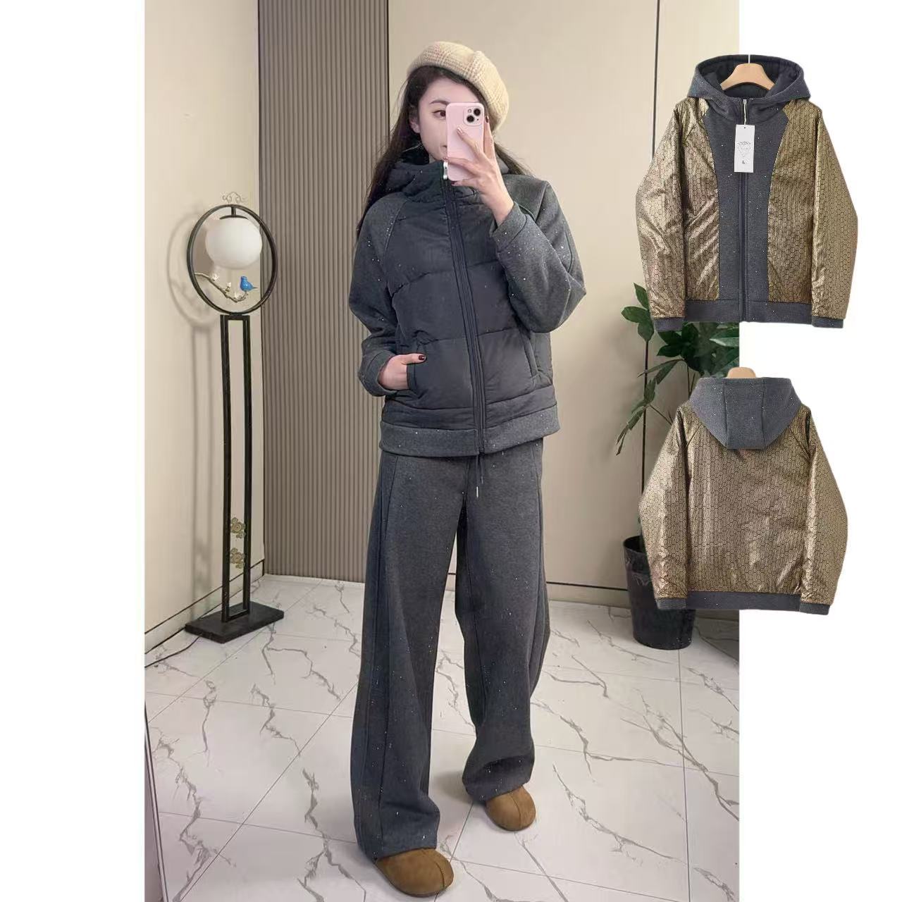 冬季棉服套装女士加绒加厚防风连帽套装  B611