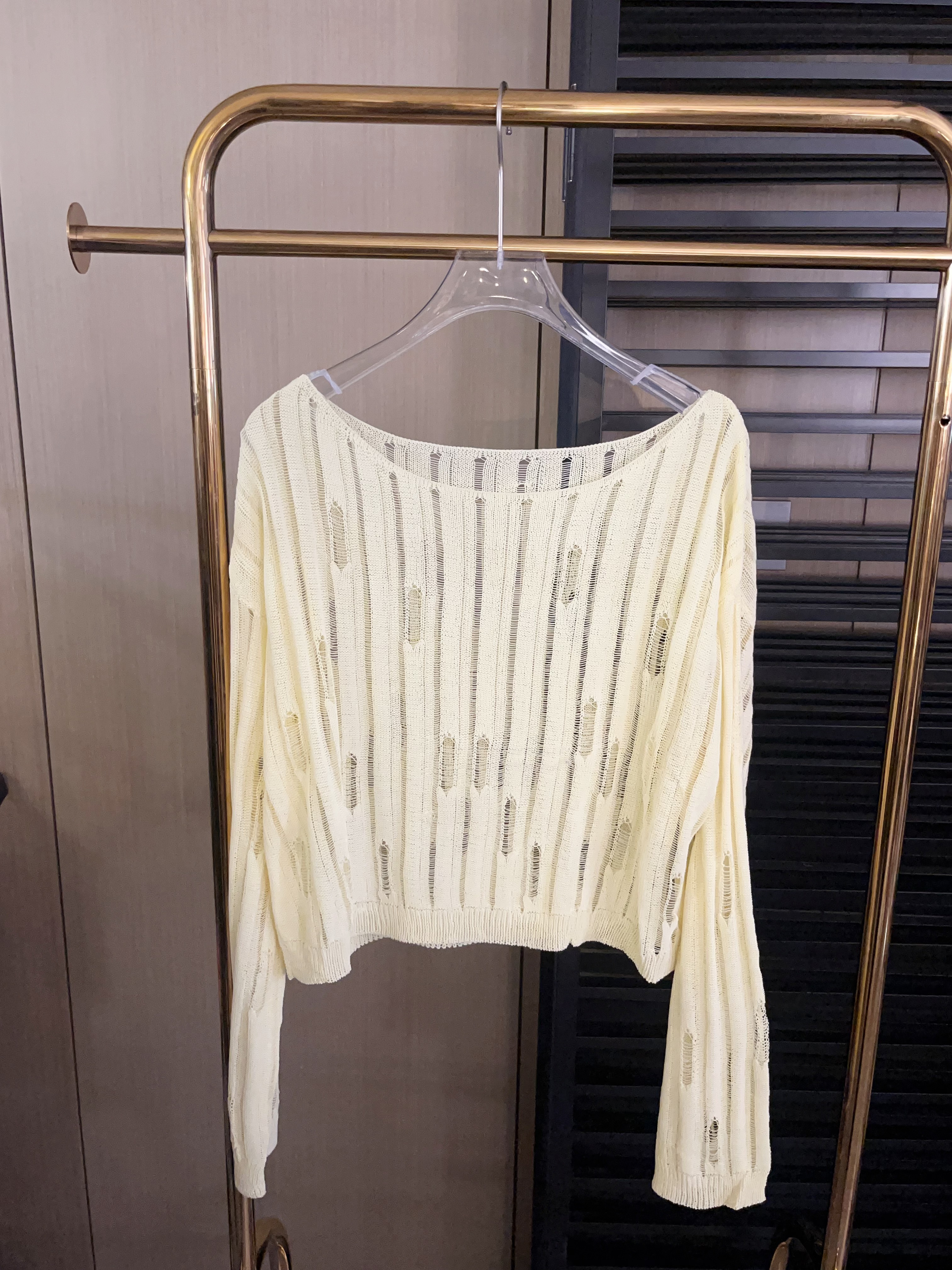 GUIDI GUDI【火线】黄加蓝 破洞长袖上衣针织时尚百搭T恤 T9510080H