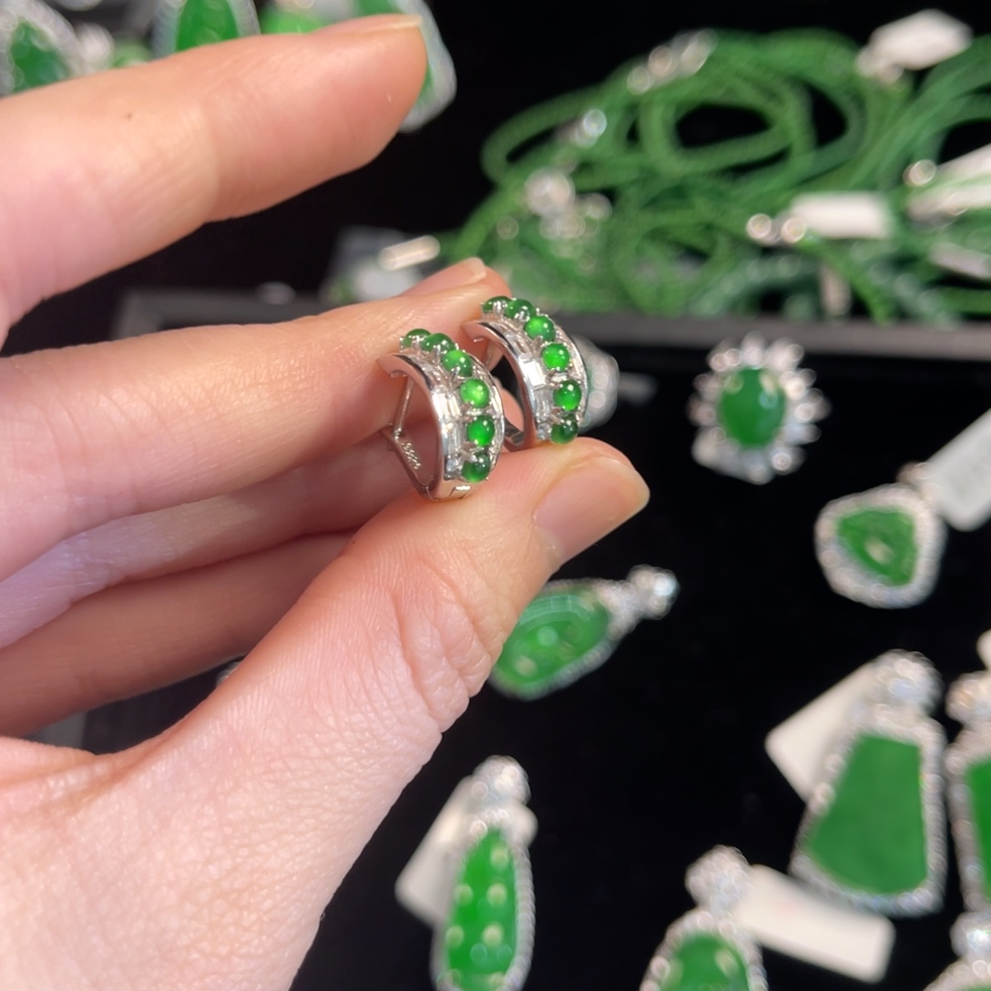 翡翠银S925镶嵌戒指翡翠耳扣