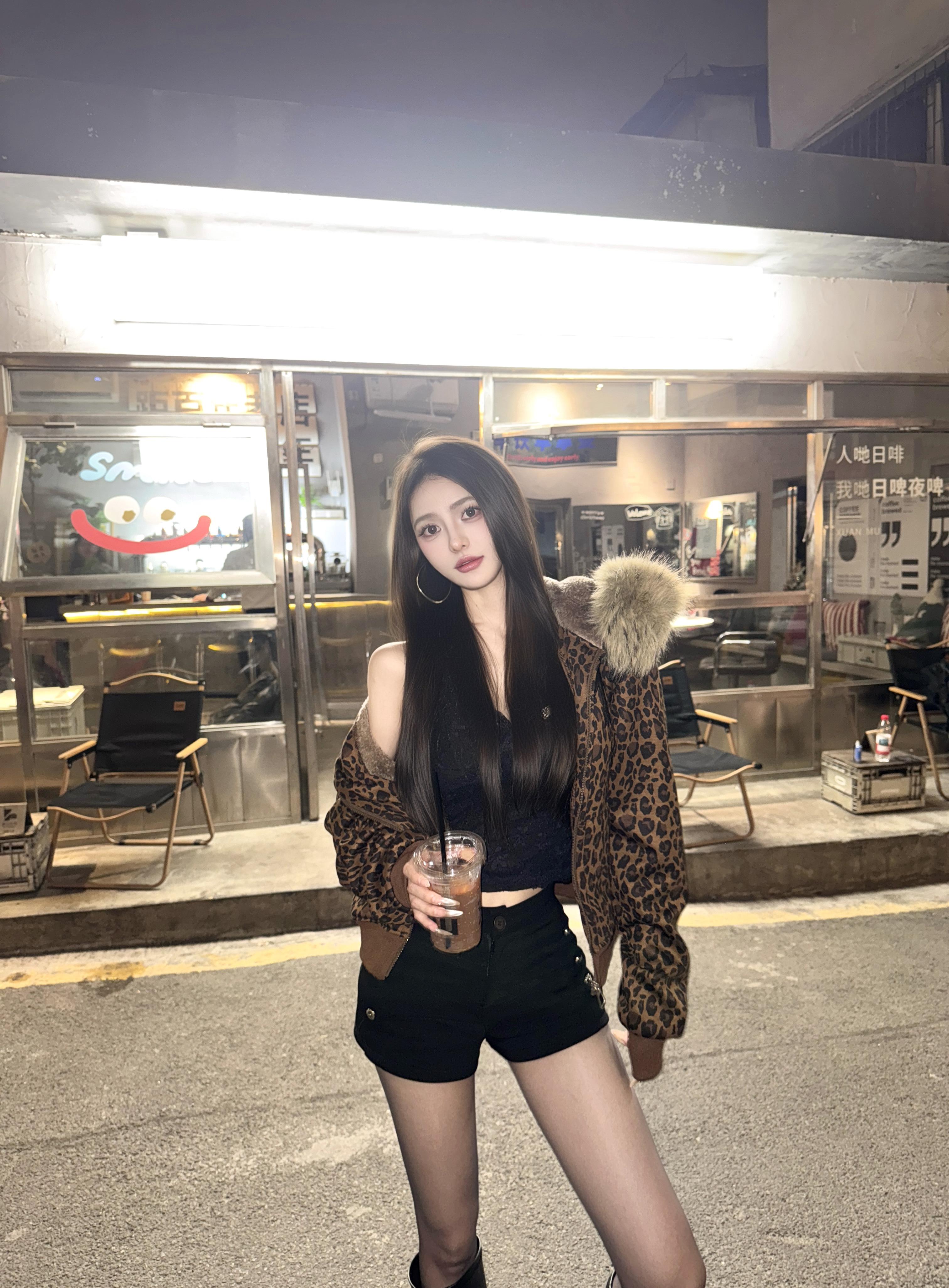【HuA】美式复古哥特风豹纹毛领加绒连帽厚外套女轻亚风短款上衣冬