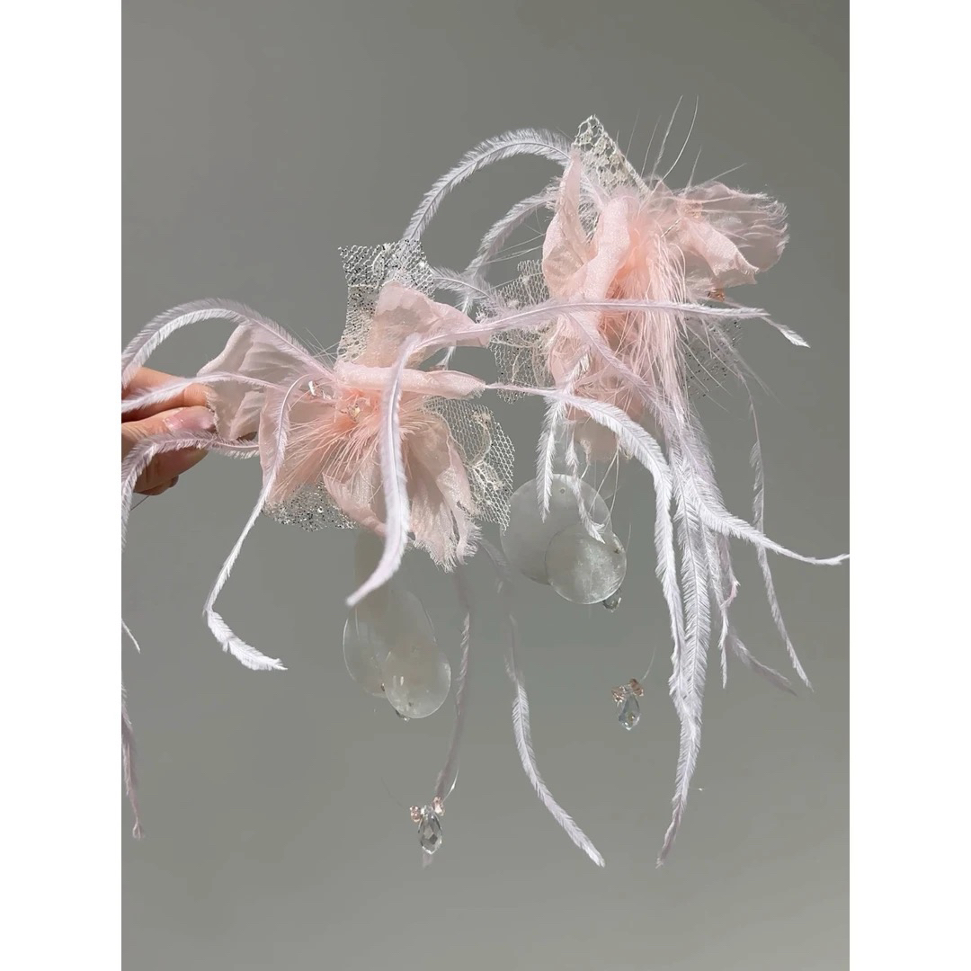 铜合金耳饰 3028新款超仙水粉色羽毛蕾丝耳夹新娘晨袍礼服配饰