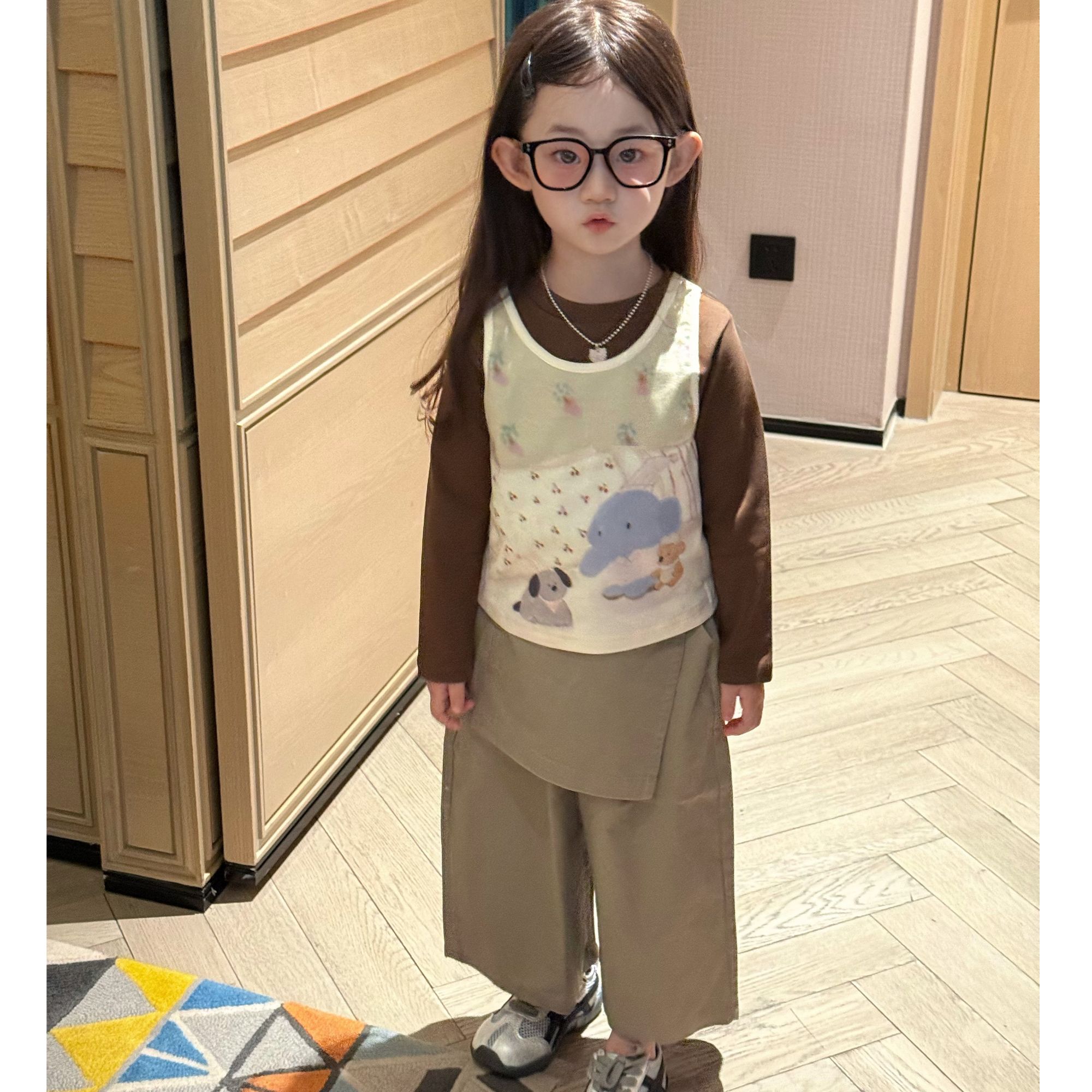 【2025新款】女童卡通小象长袖背心卡其工装裤韩系女童秋装套装