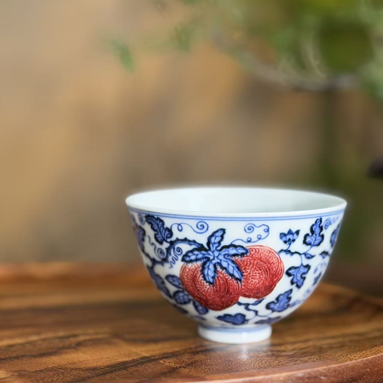 屹朴青花釉里红西瓜鸡心杯YP092全手工手绘陶瓷