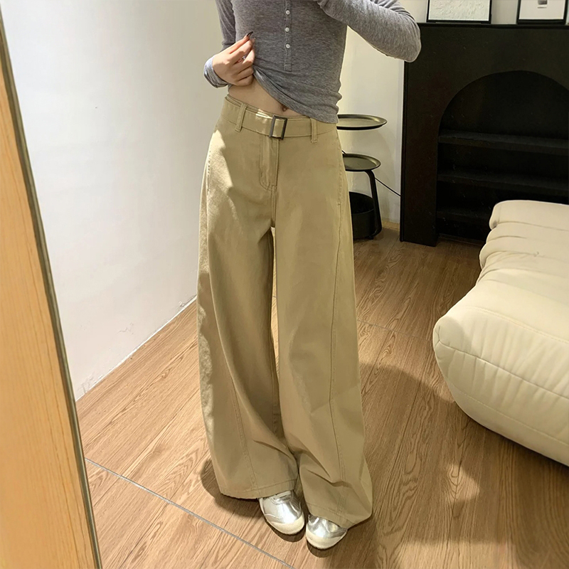 【配腰带】卡其色阔腿牛仔裤女2025春季新款慵懒风宽松显瘦拖地裤子