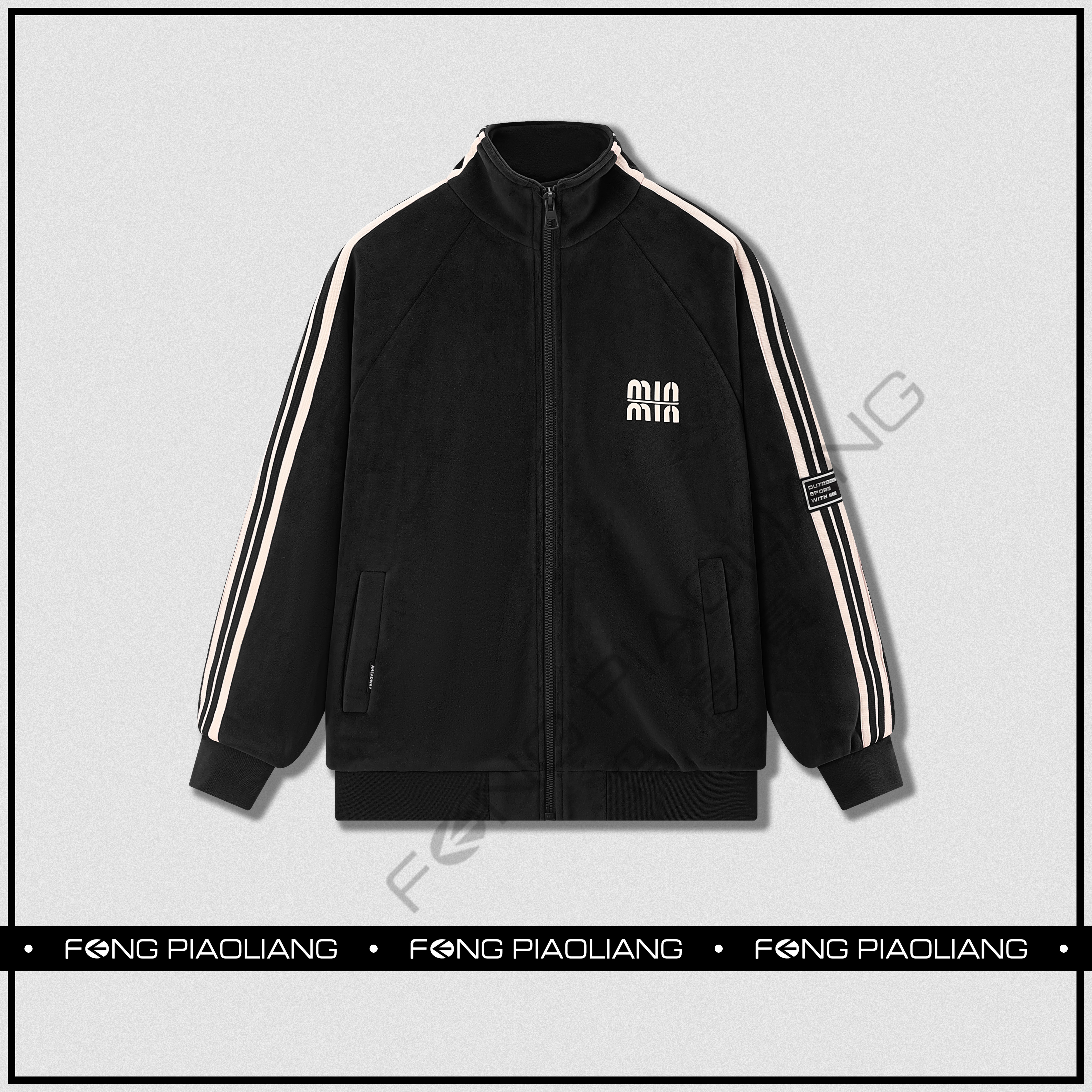 黑【幻想曲】25822秋冬宽松保暖舒适M字母流行织带立领情侣款外套