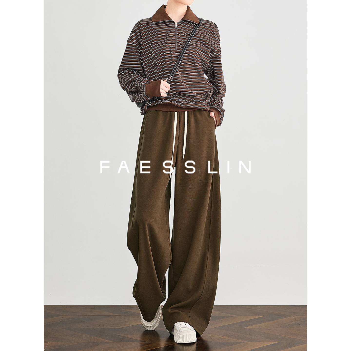 FAESSLIN【满分美拉德】羊毛阔腿卫裤女高腰加长运动裤秋 | 5376