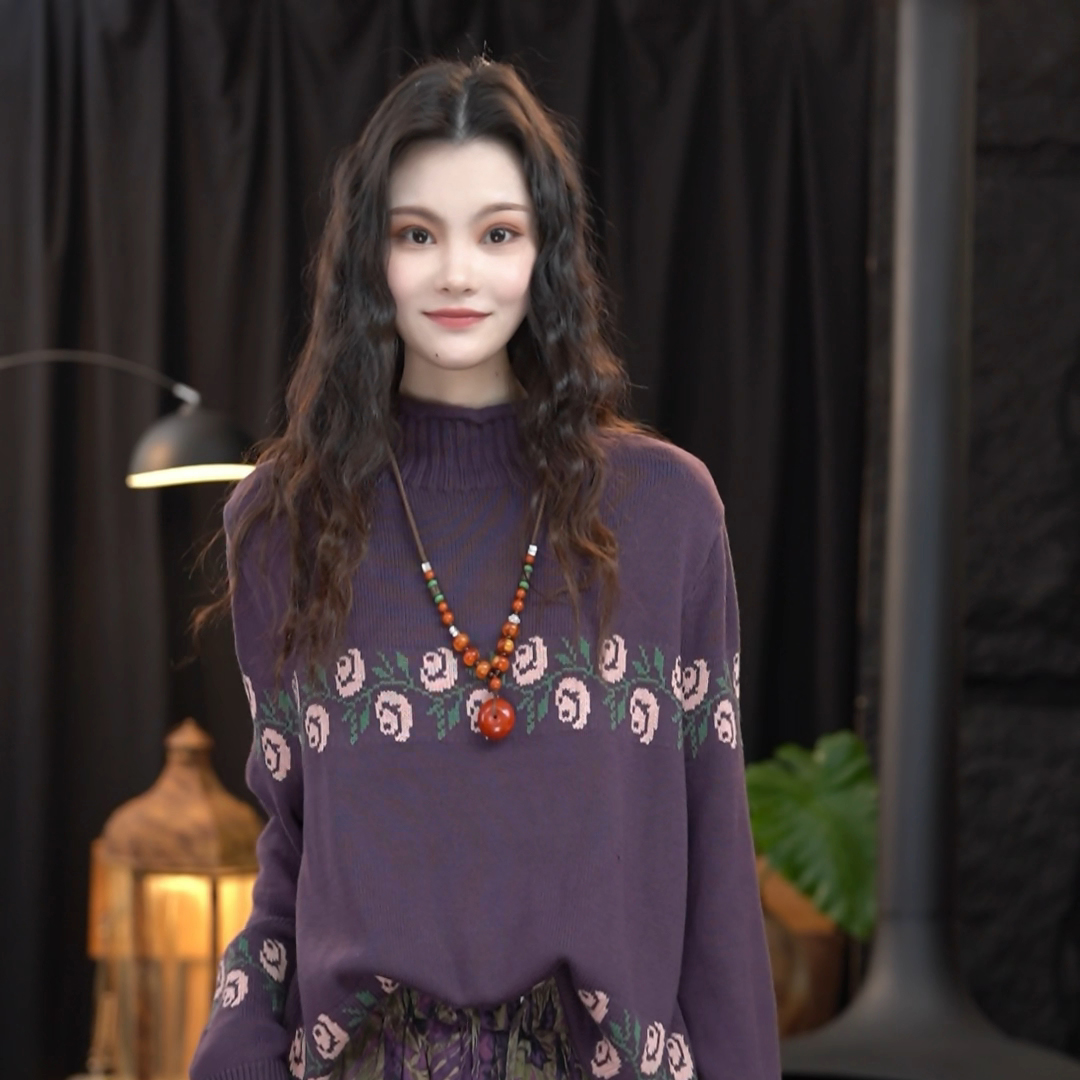 顾玖儿秋冬时尚针织长袖提花常规毛针织衫#98805