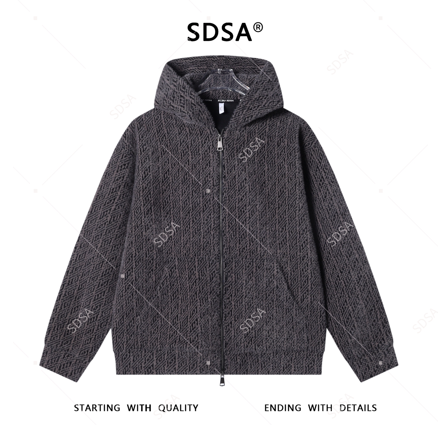 SDSA男士秋冬新款痞帅男装重磅绒毛提花开衫拉链抽绳连帽卫衣百搭